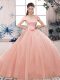 Wonderful Pink Ball Gowns Tulle Off The Shoulder Short Sleeves Lace and Hand Made Flower Floor Length Lace Up Quinceanera Dress