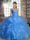 Suitable Blue Sleeveless Floor Length Beading and Ruffles Lace Up Sweet 16 Dresses