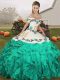 Turquoise Off The Shoulder Neckline Embroidery and Ruffles Ball Gown Prom Dress Sleeveless Lace Up