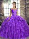 Lavender Ball Gowns Organza Off The Shoulder Sleeveless Beading and Ruffles Lace Up Quinceanera Gown Brush Train