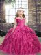 Floor Length Fuchsia Pageant Dress for Girls Organza Sleeveless Beading and Ruffles