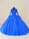 Fabulous Royal Blue Ball Gowns Tulle Scalloped Long Sleeves Lace and Appliques Floor Length Zipper 15 Quinceanera Dress