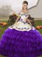 White And Purple Off The Shoulder Neckline Embroidery and Ruffled Layers Ball Gown Prom Dress Sleeveless Lace Up