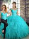 Cute Aqua Blue Two Pieces Beading and Ruffles Vestidos de Quinceanera Lace Up Tulle Sleeveless Floor Length
