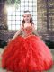 Red Tulle Lace Up Pageant Gowns For Girls Sleeveless Floor Length Beading and Ruffles