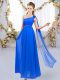 Royal Blue Chiffon Lace Up Bridesmaids Dress Sleeveless Floor Length Beading and Hand Made Flower