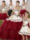 Sleeveless Embroidery and Ruffled Layers Lace Up Quinceanera Gown with Wine Red Brush Train