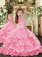 Sleeveless Organza Floor Length Backless Little Girl Pageant Dress in Pink with Beading and Ruffled Layers