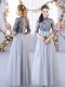 Empire Bridesmaid Dresses Grey High-neck Tulle Half Sleeves Floor Length Lace Up
