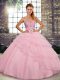 Cheap Baby Pink Tulle Lace Up Sweetheart Sleeveless Sweet 16 Quinceanera Dress Brush Train Beading and Ruffled Layers