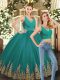 Turquoise Two Pieces V-neck Sleeveless Tulle Floor Length Backless Embroidery Ball Gown Prom Dress