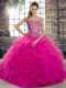 Pretty Fuchsia Lace Up Off The Shoulder Beading and Ruffles 15th Birthday Dress Tulle Sleeveless Brush Train