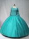 Scoop Long Sleeves Lace Up Quinceanera Dresses Turquoise Tulle