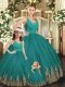 Luxury Turquoise Backless Quince Ball Gowns Embroidery Sleeveless Floor Length