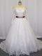 White Ball Gowns Beading and Lace and Belt Wedding Dresses Clasp Handle Tulle Long Sleeves