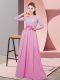 Chiffon Scoop 3 4 Length Sleeve Side Zipper Lace and Belt Quinceanera Court Dresses in Rose Pink