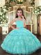 Aqua Blue Ball Gowns Ruffled Layers Pageant Gowns For Girls Lace Up Organza Sleeveless Floor Length
