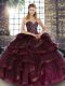Modest Sleeveless Tulle Floor Length Lace Up Quinceanera Dresses in Burgundy with Beading and Ruffles