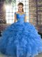 Floor Length Blue Sweet 16 Quinceanera Dress Organza Sleeveless Beading and Ruffles and Pick Ups