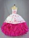 Unique Hot Pink 15 Quinceanera Dress Sweet 16 and Quinceanera with Beading and Embroidery and Ruffles Sweetheart Sleeveless Brush Train Lace Up