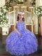 Floor Length Lace Up Little Girls Pageant Dress Lavender for Party and Sweet 16 and Wedding Party with Beading and Ruffles