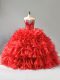 Modest Red Organza Lace Up Sweetheart Sleeveless Floor Length 15 Quinceanera Dress Beading and Ruffles and Sequins