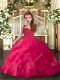 Coral Red Ball Gowns Straps Sleeveless Organza Floor Length Lace Up Ruffles and Ruching Pageant Gowns For Girls