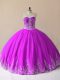 Purple Tulle Lace Up Sweetheart Sleeveless Floor Length Quinceanera Gowns Embroidery