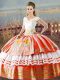 V-neck Sleeveless 15th Birthday Dress Floor Length Embroidery and Ruffled Layers White And Red Satin