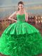 Ideal Sleeveless Embroidery and Ruffles Lace Up Sweet 16 Dress with Green