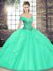 Off The Shoulder Sleeveless Quinceanera Gowns Floor Length Beading and Ruffles Apple Green Tulle