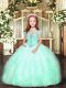 High Class Sleeveless Tulle Floor Length Lace Up Kids Formal Wear in Apple Green with Beading and Ruffles
