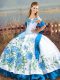Floor Length Blue And White Sweet 16 Dress Off The Shoulder Sleeveless Lace Up