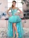 Super A-line Homecoming Dress Aqua Blue Off The Shoulder Tulle Sleeveless High Low Lace Up