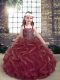 Classical Straps Sleeveless Pageant Dress Floor Length Beading and Ruffles Burgundy Organza
