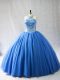 Blue Tulle Lace Up Halter Top Sleeveless 15th Birthday Dress Brush Train Beading
