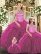 Fuchsia Lace Up Halter Top Beading and Ruffles Ball Gown Prom Dress Tulle Sleeveless