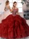 Organza Scoop Sleeveless Brush Train Zipper Beading and Pick Ups Quince Ball Gowns in Wine Red
