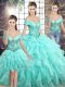 Dramatic Aqua Blue Organza Lace Up Off The Shoulder Sleeveless Quinceanera Gowns Brush Train Beading and Ruffles