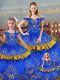 Blue Ball Gowns Off The Shoulder Sleeveless Satin Floor Length Lace Up Embroidery Sweet 16 Quinceanera Dress