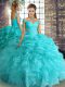 Sophisticated Aqua Blue Off The Shoulder Lace Up Beading and Ruffles and Pick Ups 15th Birthday Dress Sleeveless