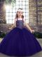 Purple Ball Gowns Tulle Straps Sleeveless Beading Floor Length Lace Up Little Girls Pageant Gowns