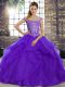 Custom Made Purple Ball Gowns Tulle Off The Shoulder Sleeveless Beading and Ruffles Lace Up Vestidos de Quinceanera Brush Train