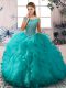 Suitable Aqua Blue Sleeveless Beading and Ruffles Floor Length Quinceanera Gowns
