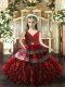 Classical Red Ball Gowns V-neck Sleeveless Floor Length Backless Beading and Appliques and Ruffles Kids Pageant Dress