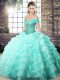 Modern Sleeveless Beading and Ruffled Layers Lace Up Vestidos de Quinceanera with Apple Green Brush Train