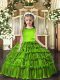 Floor Length Olive Green Little Girl Pageant Dress Sleeveless Ruffled Layers