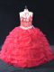 Shining Beading and Lace Sweet 16 Quinceanera Dress Red Backless Sleeveless Floor Length