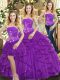 Hot Sale Purple Three Pieces Beading and Ruffles 15th Birthday Dress Lace Up Tulle Sleeveless Floor Length