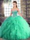 Top Selling Sleeveless Tulle Floor Length Lace Up Sweet 16 Quinceanera Dress in Turquoise with Beading and Ruffles